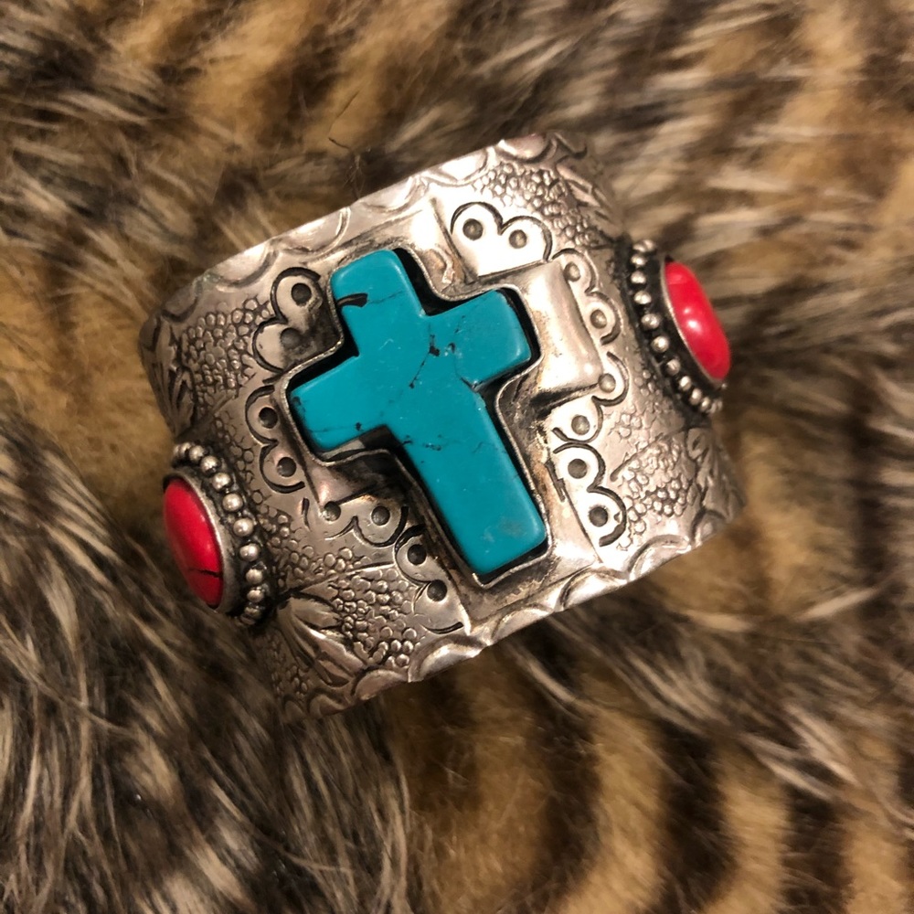 Silver Cuff Bracelet w/ Turquoise & Red Stones
